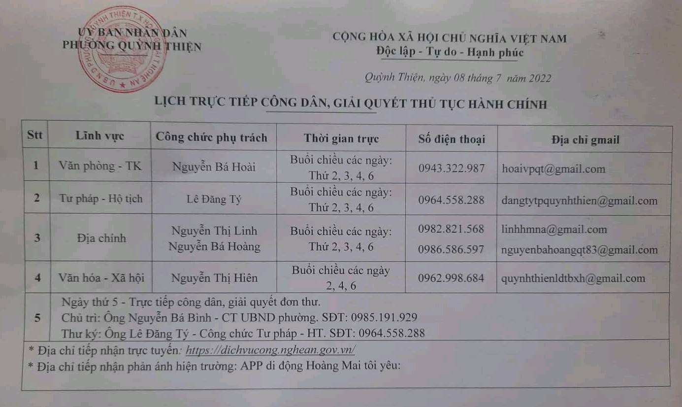 UBND phường Quỳnh Thiện: Thông báo Lịch tiếp công dân, giải quyết thủ tục hành chính